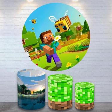 Imagem de Kit Painel de Festa Redondo Trio Cilindro - MINECRAFT 3D - DeCarllos