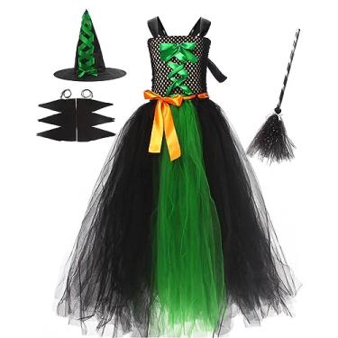 Imagem de IBAKOM Fantasia de bruxa para meninas, manga morcego, chapéu de bruxa, vassoura, vestido de bruxa assustador, roupas para cosplay de bruxa, Halloween, cosplay, Bruxa verde (4 peças), 6-7 Anos