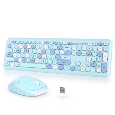 Imagem de iTastatur Combo de teclado e mouse sem fio para máquina de escrever, 2,4 G, escritório, 104 teclas, retrô, punk de tamanho completo, lindo teclado azul silencioso com teclas redondas para laptop, PC,