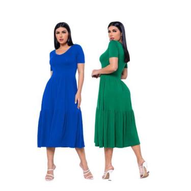 Imagem de Vestido Midi Gola V Semi Longo Kit 2 unidades Casamento Convidada Mang