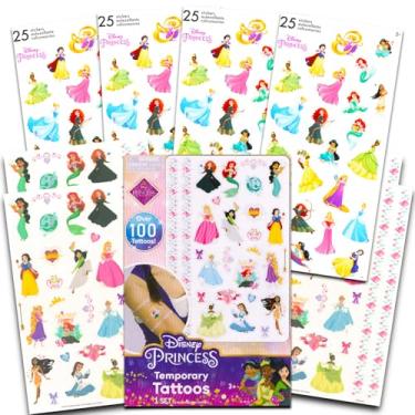 Imagem de Disney Adesivos de princesa e tatuagens de lembrancinhas de festa – Pacote com 100 tatuagens temporárias de princesa Disney e 100 adesivos | 8 folhas Disney Princess Party Supplies
