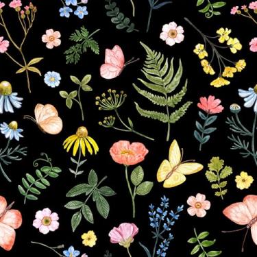 Imagem de VaryFloral Papel de parede de flores silvestres preto multicolorido borboleta floral descascar e colar papel de parede botânico floresta escura para decoração de casa autoadesivo removível papel de