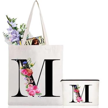 Imagem de Andeiltech Sacola de lona com inicial, estampa floral, bolsa de maquiagem personalizada com monograma, presente para damas de honra, aniversário e casamento, Letra Floral_m, Large