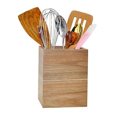 Imagem de Spiretro Kitchen Utensil Holder - Decorative Kitchenware Organizer Crock Stand - Solid Acacia Wood - Storage for Cutlery, Silverware, Spoons, Spatulas, Cooking Tools - Countertop Caddy - Natural Brown