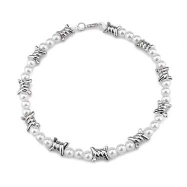 Imagem de Gargantilha de pérolas góticas punk hip hop para mulheres e homens rock elegante pérolas grossas contas gótico arame farpado corrente colar ajustável colar declaração colares Harajuku streetwear