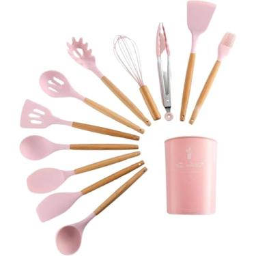 Imagem de Kit 12 Peças Conjunto Utensílios Cozinha, em Silicone Cabo de Madeira Leve Premium Antiaderente Espátula Duráveis Confeitar Organizar Cozinhar Resistentes Altas Temperaturas, (Rosa)