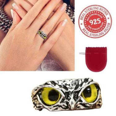 Imagem de Anel Prata 925 Coruja Sabedoria Olho Amarelo Ajustável - Pjk store
