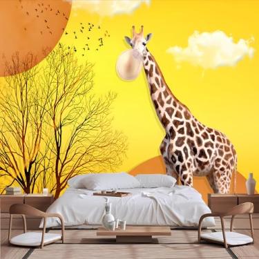 Imagem de Lcythiazole Mural de papel de parede de girafa de tamanho personalizável, fundo amarelo, balões soprando girafa, papel de parede de desenho animado, para sala de estar, quarto, quarto de crianças