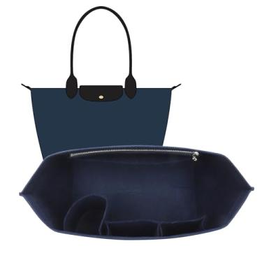 Imagem de OAikor Inserção organizadora de bolsa compatível com Longchamp Le Pliage grande e mais, bolsa organizadora de feltro com zíper e suporte de copo para bolsas, 8 compartimentos (azul, G)