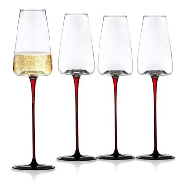 Imagem de LEMONSODA Conjunto de 4 taças de champanhe côncavas - haste vermelha moderna e fundo preto para vinho espumante, rosé, prosecco, champanhe – Utensílios de bar artesanais de luxo, perfeitos para