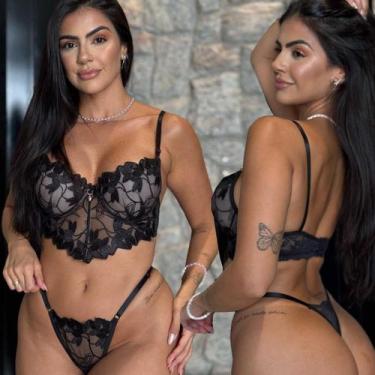 Imagem de Lingerie Com Bojo Renda Tule Bordado Sexy Sensual Calcinha - Like4you,