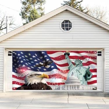 Imagem de Leyiyi 1,8 x 4 m Dia da Independência Porta da Garagem Banner Decorações Bandeira Americana Estátua da Liberdade Águia careca 4 de julho Pano de fundo para porta de garagem para Dia do Trabalho