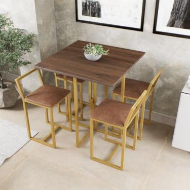Imagem de Conjunto Mesa Imbuia 4 Cadeiras Pequena Estofado Industrial Dourado - 