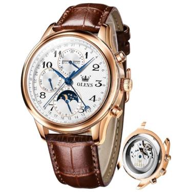 Imagem de OLEVS Relógios automáticos masculinos com vários calendários, fase da lua, à prova d'água, 3 ATM, relógio de pulso clássico de luxo, Zgold e branco