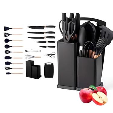 Imagem de Kit de Utensílios de Cozinha, 19 Peças, Silicone e Madeira Aço Inox Suporte Organizador De Luxo Gourmet Com Tabua e Facas