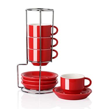 Imagem de Sweejar Xícaras De Porcelana Para Café Expresso Com Pires, 2,5 Onças, Empilháveis Cappuccino Suporte Metal Bebidas Café, Latte, Chá - Conjunto 4 (Vermelho)