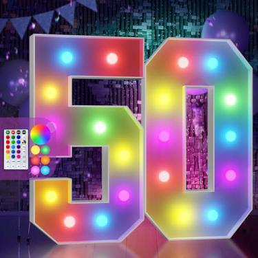 Imagem de Números para letreiro decoração de aniversário de 50 anos coloridos: 1,5 m grande iluminado, decorações de aniversário de 50 anos, pano de fundo, placa de papelão, 18 cores, número 50, moldura de