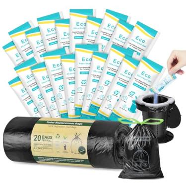 Imagem de BLIKA Conjunto de 20 peças de sacos de banheiro ecológicos absorventes de gel, sacos de banheiro portáteis com cordão, 30 L, resistente, 1,97 mm, bolsa de substituição de vaso sanitário com pó para