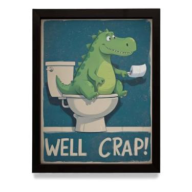Imagem de Pôster de dinossauro engraçado para parede de banheiro com desenho animado "Well Crap", impressão em tela de humor de vaso sanitário, decoração de banheiro infantil, arte de parede peculiar para