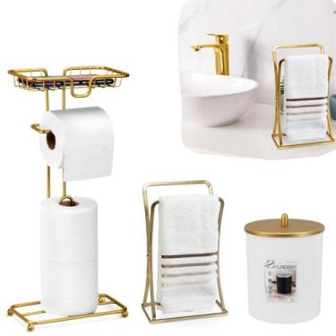 Imagem de Kit Acessorios Banheiro Lavabo Dourado Cesto de Lixo Premium Luxo Gold