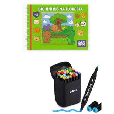 Imagem de Kit Livro De Colorir Verde Ursinhos Na Floresta + 24 Canetinha Touch M Ponta Dupla Livro Capa Dura Holográfica com Acetato 50 desenhos A5 Livro Pintura com Canetinha