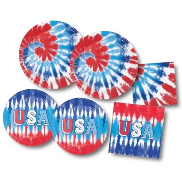 Imagem de Conjunto de artigos de festa patriótica dos EUA, vermelho branco e azul, 64 peças, pratos de 23 e 18 cm, guardanapos para bebidas e almoço