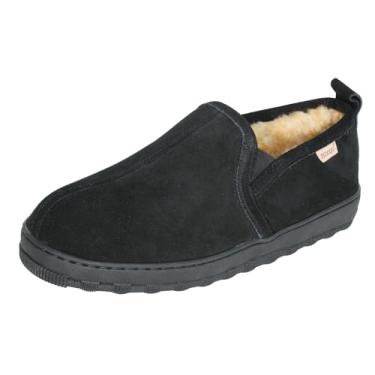 Imagem de PEDOQU Pantufa masculina de couro legítimo, forro de pele de carneiro, palmilha de espuma viscoelástica para uso doméstico, sola de borracha, chinelos masculinos para uso interno e externo, Preto, 39