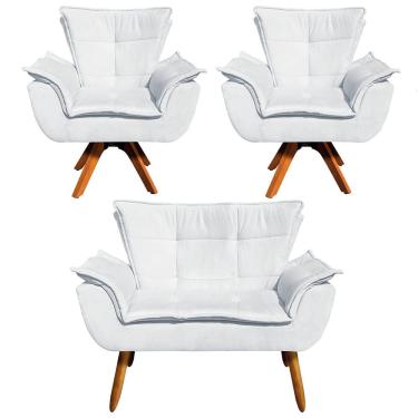 Imagem de Kit 01 Namoradeira 02 Poltronas Giratória Opala Base Madeira