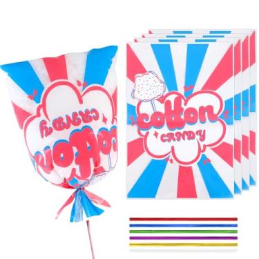 Imagem de LEOSINDA Saco de algodão doce com estampa de algodão doce grande para lembrancinhas de festa de carnaval algodão doce bolsa grande cozinha aniversário lanches suprimentos, azul claro 30 x 45 cm fita