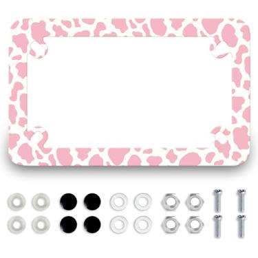 Imagem de Moldura de placa de licença de motocicleta com estampa de vacas cor-de-rosa, aço inoxidável, 4 furos, à prova d'água, suporte de etiqueta de vaca fofo, acessório de motocicleta com parafusos, tampas