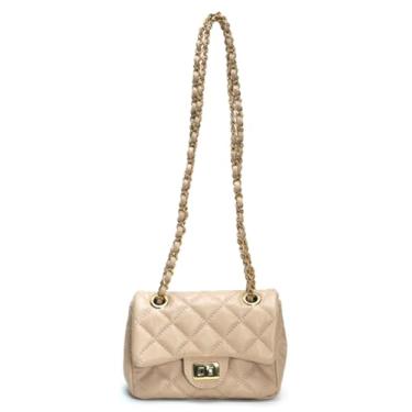 Imagem de Bolsa Cosenza Feminina Mini Bag, Couro Legítimo Matelassê, Alça Corrente (Nude C/Dourado)