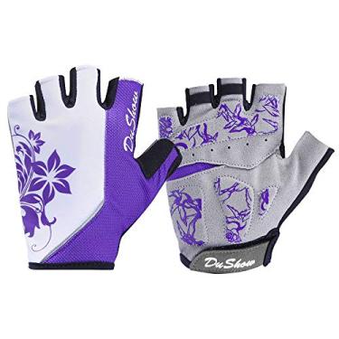 Imagem de Luvas femininas DuShow para ciclismo, meia ponta, gel acolchoado, luvas para bicicleta, antiderrapantes, luvas curtas para bicicleta sem dedos e com absorção de choque, Roxa, Mediun