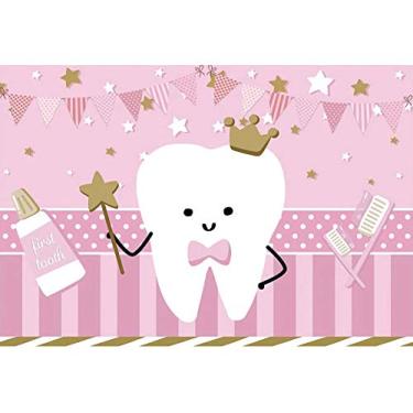 Imagem de DORCEV 2,1 x 1,5 m Primeiro dente para menina pano de fundo fofo dente de leite galhardetes rosa pasta de dentes faixa para escova de dentes faixa para 1º dente festa de aniversário festa de chá de