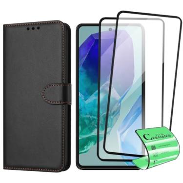 Imagem de Kit Capa Carteira Flip com 2 Películas de Proteção Cerâmica Compatível Samsung Galaxy M55, Preto