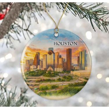Imagem de Enfeite de aquarela Houston Texas - Lembrança de Natal de cerâmica - Aniversário de lua de mel - Lembrança de viagem - Presente de inauguração de casa - Presente para amantes de Houston impresso em