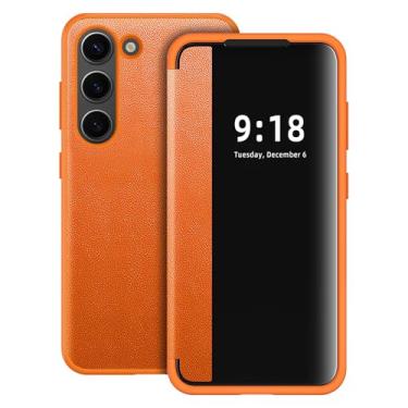Imagem de Capa flip para Samsung Galaxy S23 Plus S View, capa protetora completa 360 graus fosca translúcida transparente para Samsung S23+, capa flip de luxo para Samsung S23 Plus (laranja)