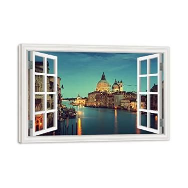 Imagem de Impressão em tela emoldurada de madeira para janela grande canal de Veneza 3D falsa janela vista paisagem paisagem paisagem imagem impressão em tela arte de parede para sala de estar 30 x 45 cm 11,8 x