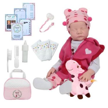Imagem de Bebê Reborn Bolsa Completa com Roupinha e Pelúcia Rosa - Cegonha Rebor