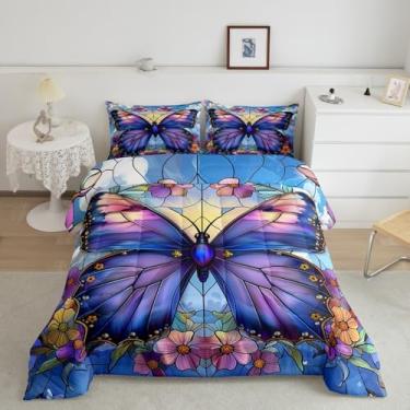 Imagem de Conjunto de edredom de borboleta, aquarela, primavera, margaridas, jardim, quarto jovem, animal dos sonhos, geométrico, vitral, azul, roxo, conjunto de colcha com 3 peças com 2 fronhas, casal