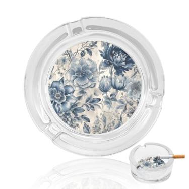 Imagem de Cinzeiro de vidro de cristal com padrão de flor azul, cinzeiro redondo de vidro resistente, cinzeiro moderno decorativo portátil para uso em casa, escritório, interior, exterior, pátio