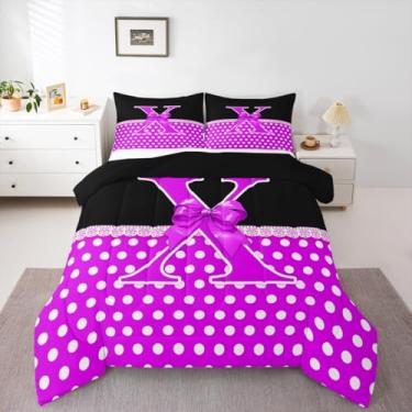 Imagem de jejeloiu Conjunto de edredom com laço personalizado, letra X, para todas as estações, com 1 fronha, estilo princesa romântica, solteiro, monograma, decoração de quarto, iniciais X, decoração, edredom