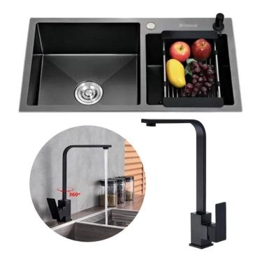 Imagem de Kit Cuba Pia Gourmet Dupla Cozinha Aço Inox Torneira L Slim