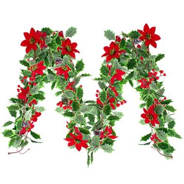 Imagem de Pacote com 3 Guirlanda de Poinsétia de Natal de 60 cm Poinsétia Artificial Flor Guirlanda com Folhas de Azevinho Verde para Natal Casa Sala de Jantar Deck Trilhos Decorações de Escada (Poinsétia Vine)