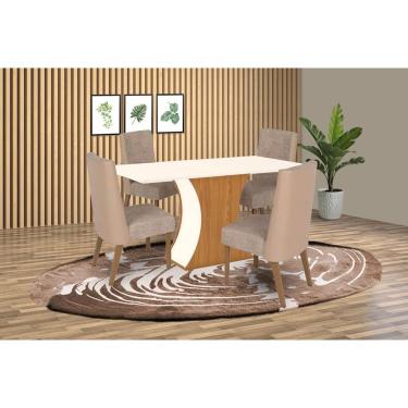 Imagem de Sala de Jantar Completa Luiza SC15 Tampo Madeirado c/ Vidro Canto Curvo 160x90cm e 4 Cadeiras Anne Nature/Courano/Creme - Henn