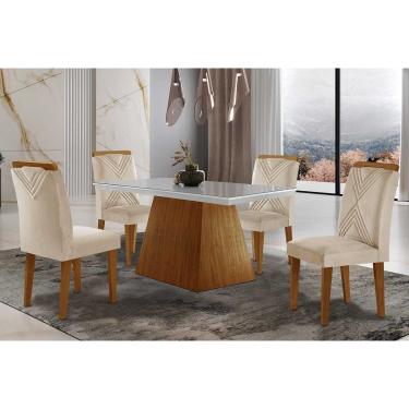 Imagem de Sala de Jantar Completa Luna Tampo Madeirado c/ Vidro Reto 120x80 e 4 Cadeiras Amsterdã Imbuia/Suede Creme - Rufato