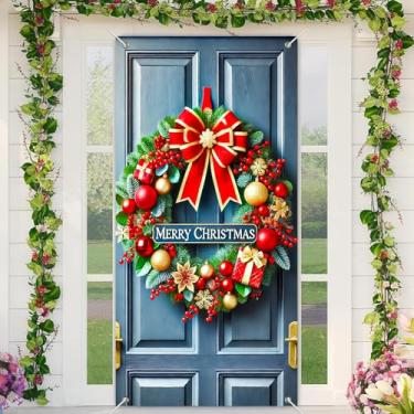 Imagem de BlissYard Guirlanda para porta de Natal, decoração de férias, tecido de poliéster, 89 x 188 cm, festivo, Feliz Natal, decoração de parede para festas em casa, decoração interna e externa, presentes