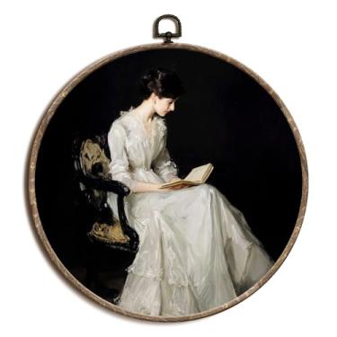 Imagem de laveliabel Vintage Women Reading Book Round Canvas Art Wall Decor, Retro Dark Academia Gothic Framed Canvas Prints, Antique Bookish Round Hanging Wall Decor for Home Library Reading Room, 25 x 25 cm