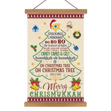 Imagem de KAIRNE Arte de parede de Feliz Natal, pôster colorido de árvore de Natal (35 x 56 cm), decoração de parede de Hanukkah com cabide magnético de madeira, presentes de Natal para festas de fim de ano