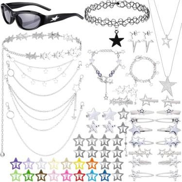 Imagem de Tondiamo Conjunto de 60 peças de acessórios Y2k incluído Star Y2k colar prata brincos conjunto de pulseiras óculos de sol estrela grampos de cabelo hip hop calças corrente joias vintage para mulheres