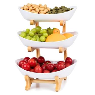 Imagem de VKSG Tigela de frutas para balcão de cozinha, tigelas de plástico de 3 camadas com suporte de bambu, cesta de frutas em camadas para armazenamento de frutas e vegetais, bolo, sobremesa, nozes, lanche